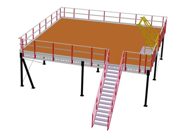 Plateforme de stockage 7x7m, capacité de charge 500 kg/m², avec escaliers, garde-corps et point de transfert